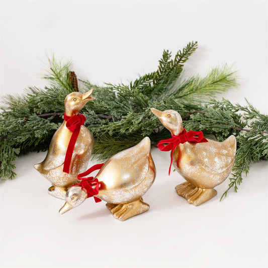 Gold Christmas Ducks With Red Bows