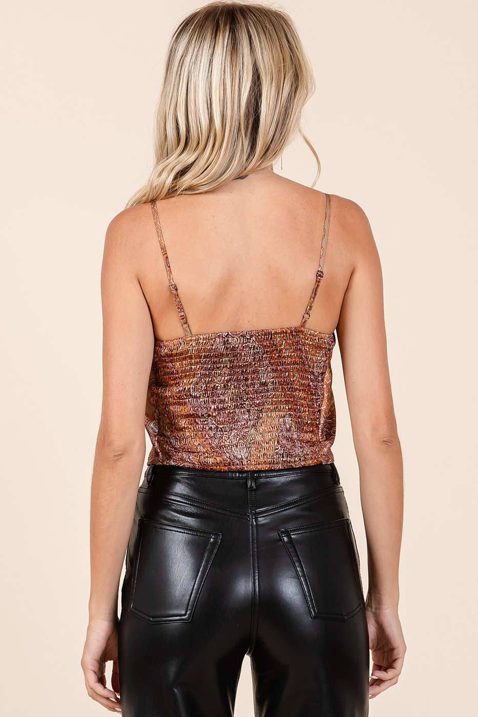 PAISLEY PATCHWORK PRINT SATIN COWL NECK CROP TOP: TEAL GREEN / S-M-L(2-2-2)