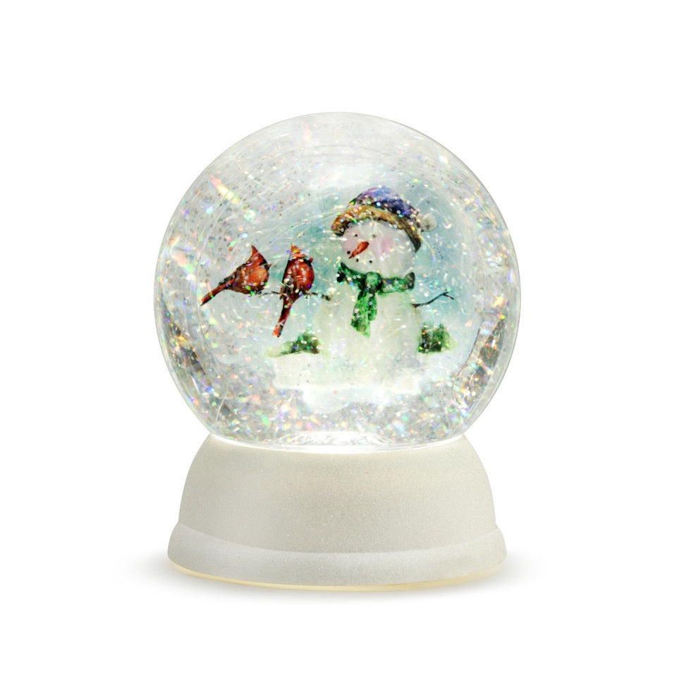 Lit Snowman and Cardinals Snow Globe