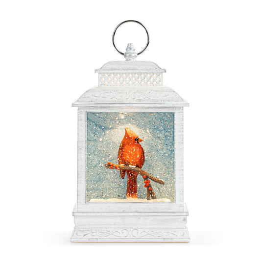 Lit Cardinal and Holly Lantern