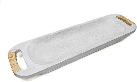 Wooden Decorative 25.3 Inch Dough Bowl With Rattan Wrapped Handles