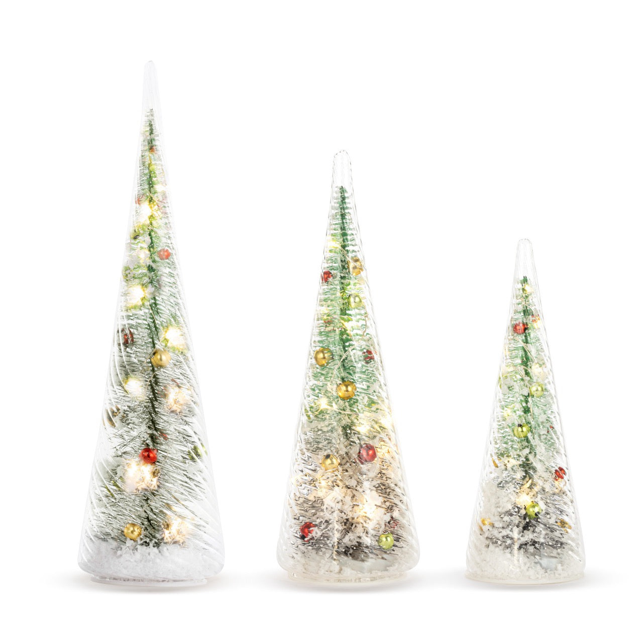 Lit Glass Bottle Brush Trees with Ornaments