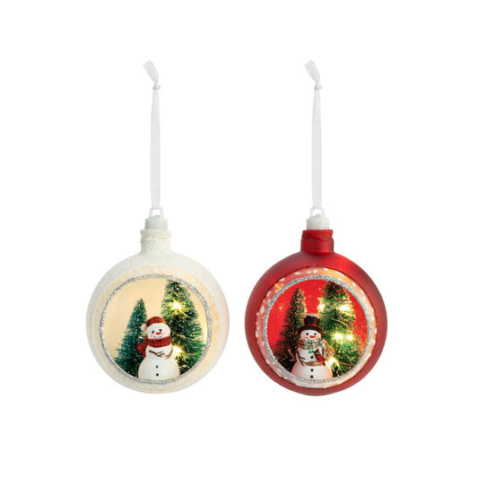 Lit Snowman Scene Glass Ornaments