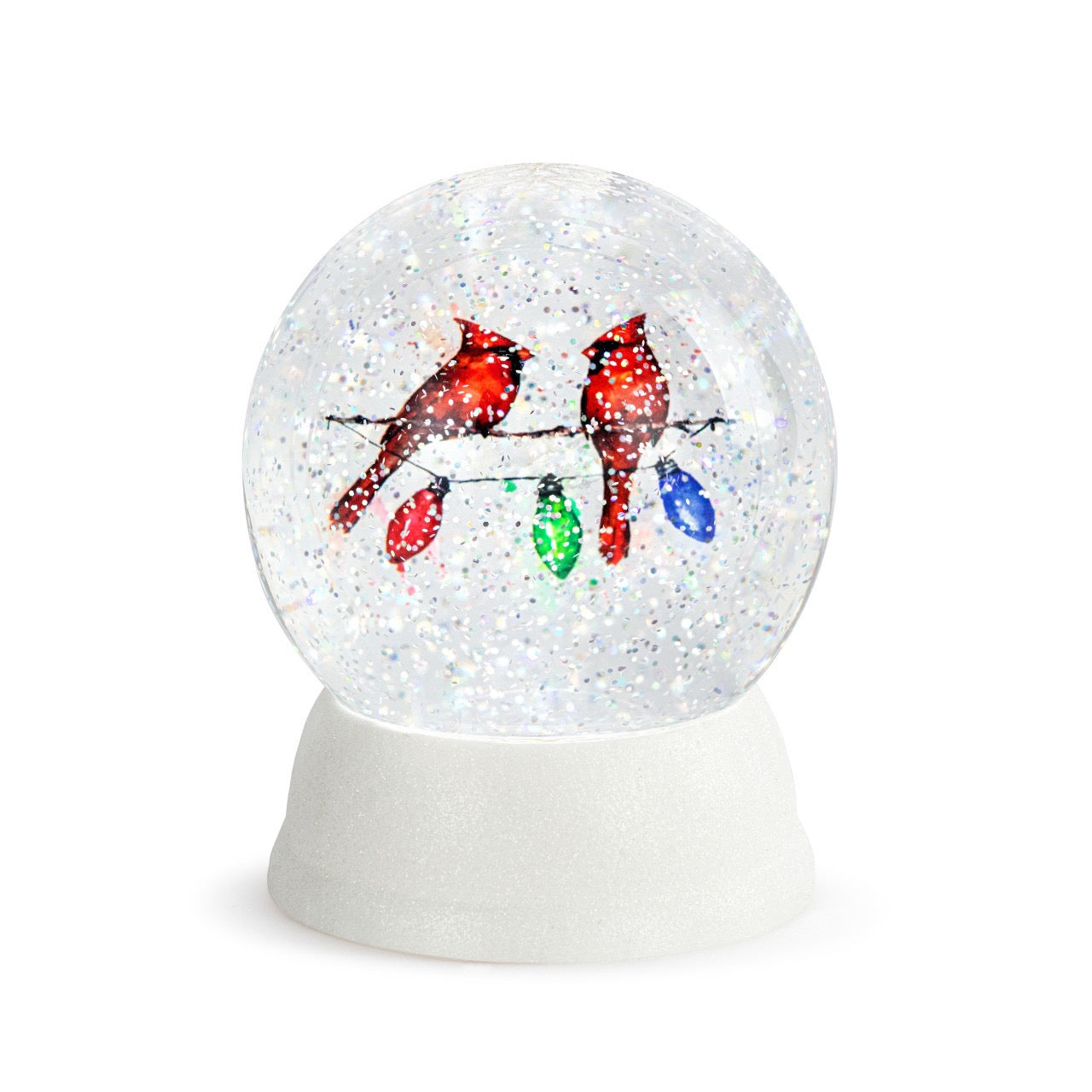 Lit Cardinals on Lightstring Snow Globe