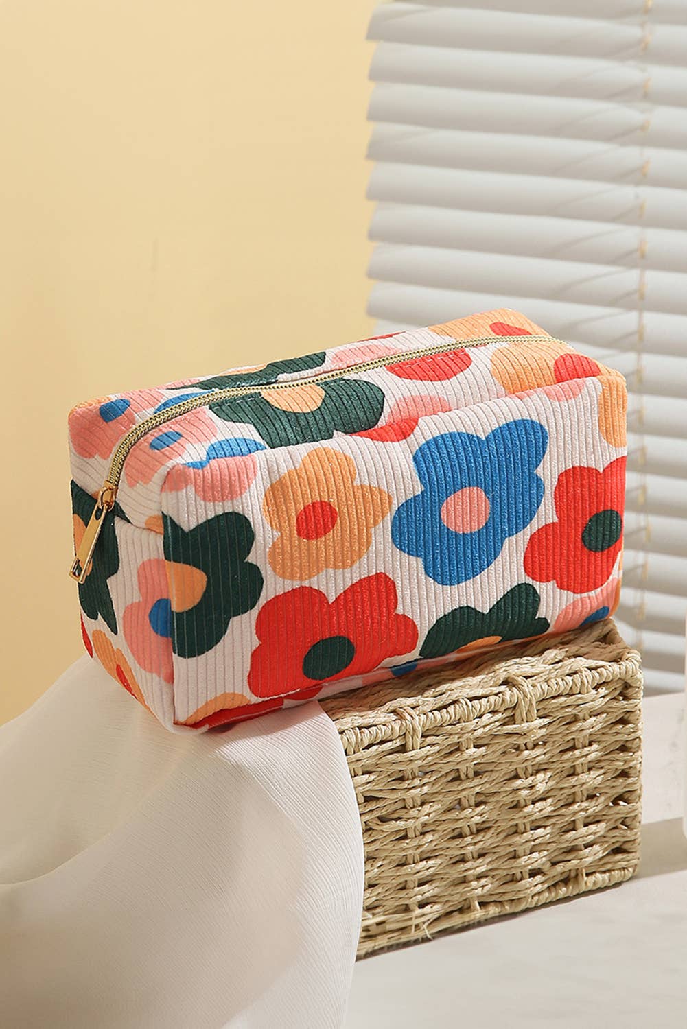 Flower Print Corduroy Cosmetic Bag