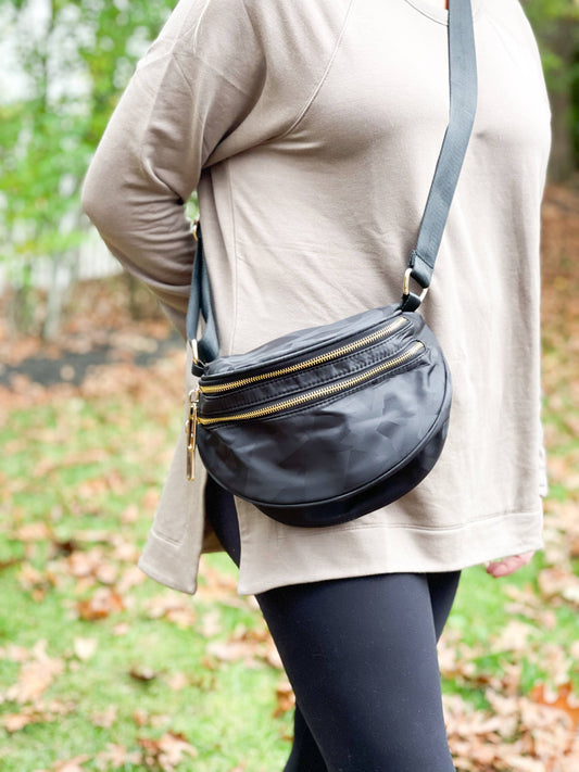 The Samantha | Double Zipper Sling Bag: Green Camo