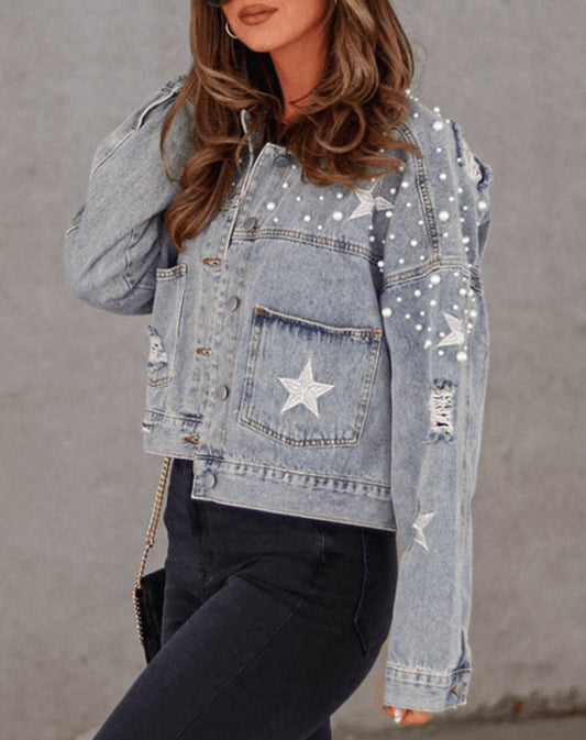 Distressed Pearls Star Cropped Denim Jacket