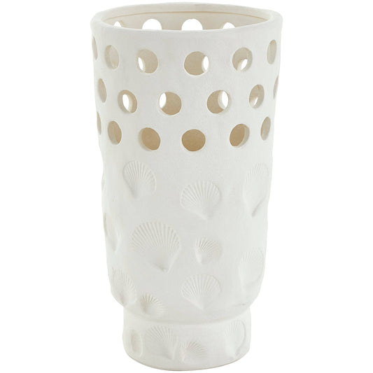 White Ceramic Shell Vase with Circular Cutouts