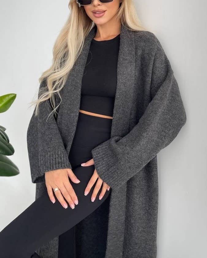 Elegant Collarless Open Front Long Cardigan