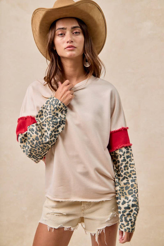 French Terry With Leopard Sleeves Top