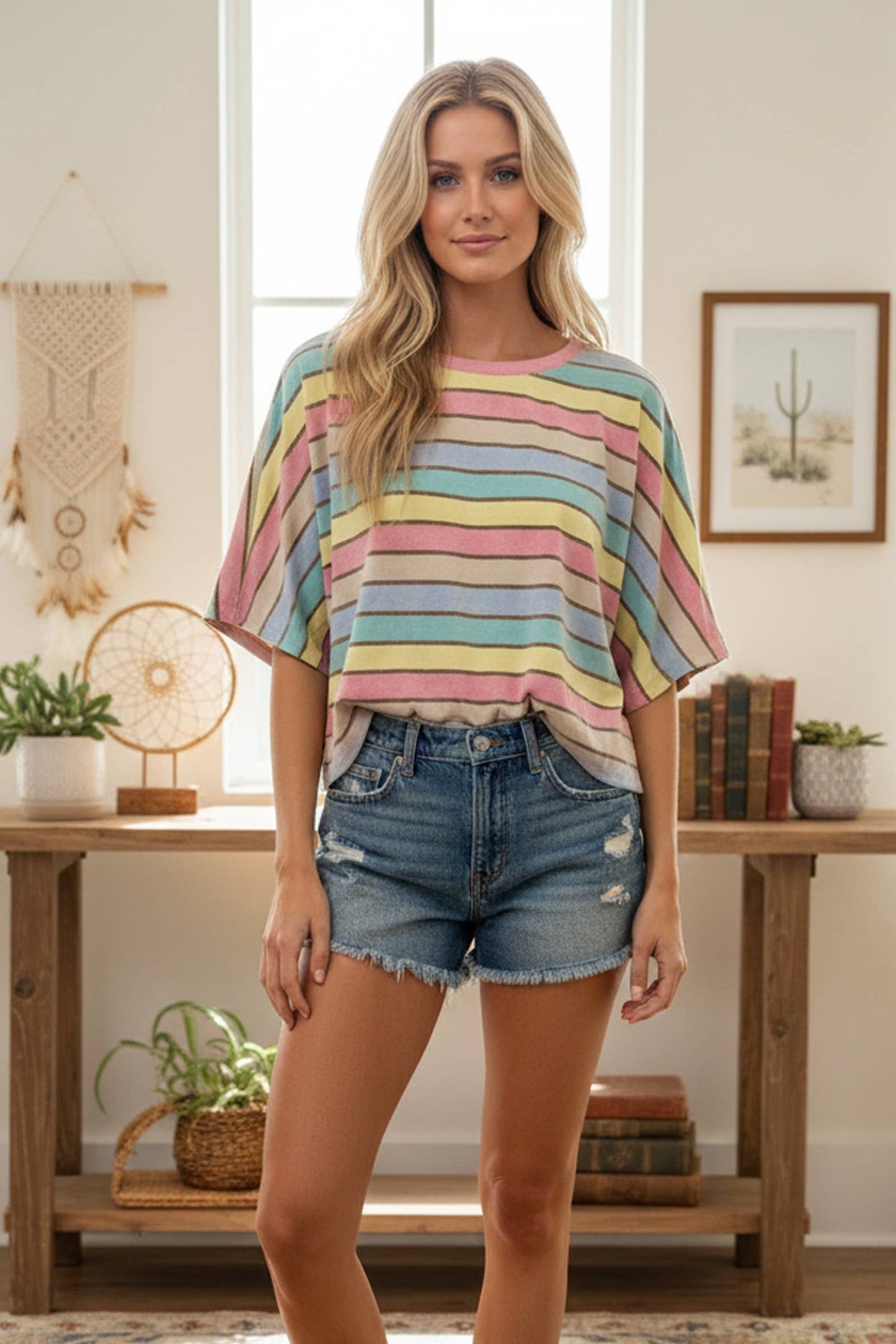 Mineral Washed Multi Stripe Knit Top