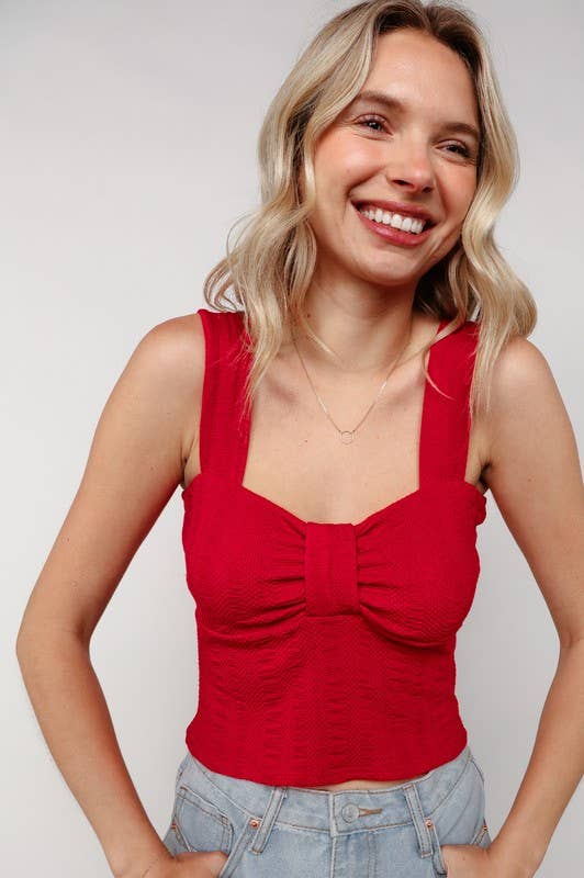 Ribbon Detail Textured Rib Knit Top