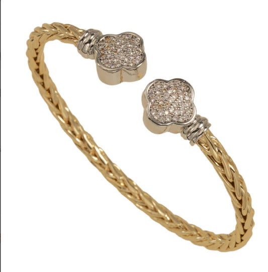 Gold and Crystal Clover Station Bangle Bracelet