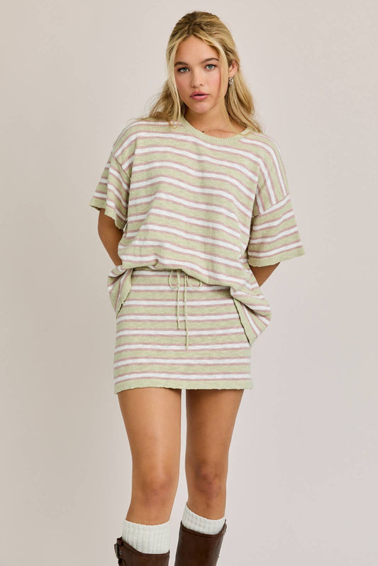CREW NECK STRIPED OVERSIZED SWEATER TOP WITH MINI SKIRT