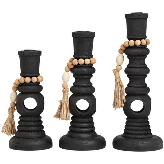 Black Wood Textured Candle Holders with Beads