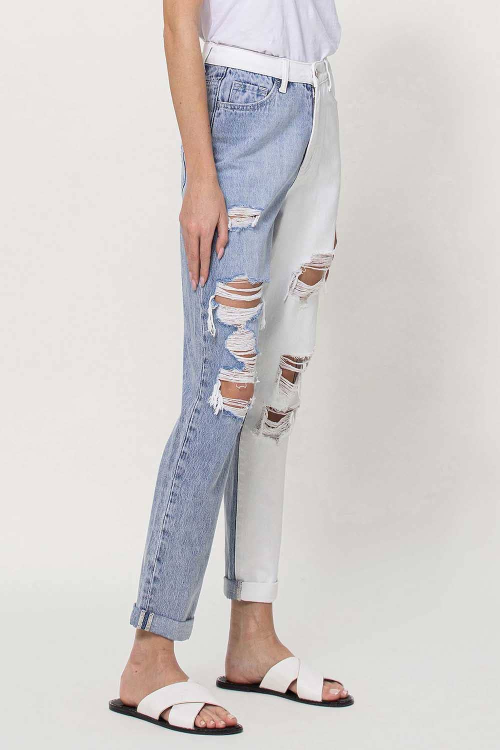 SUPER HIGH RISE SPLIT TWO TONED CUFFED MOM JEANS