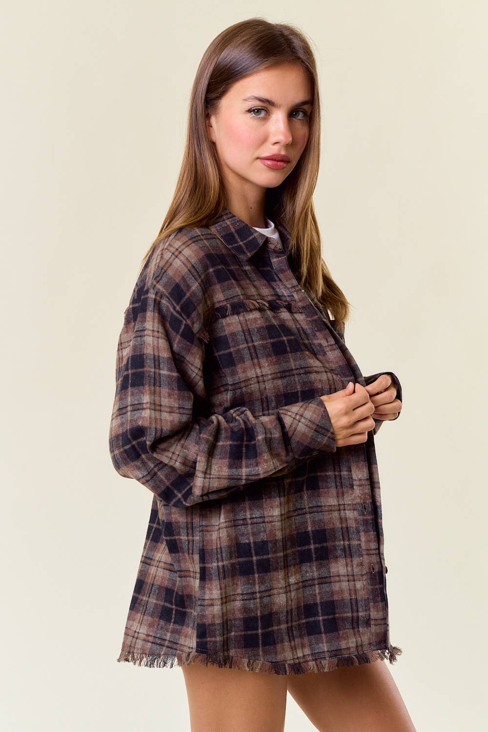 Plaid Flannel Shirt W/ Frayed Detail