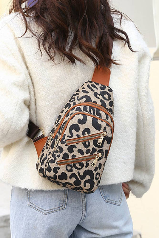 Leopard Print Twin Zipper Sling Crossbody Bag