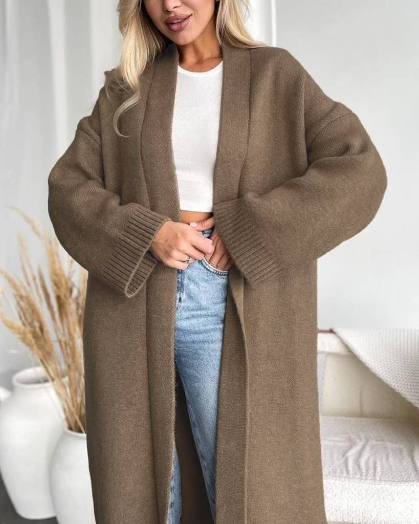 Elegant Collarless Open Front Long Cardigan