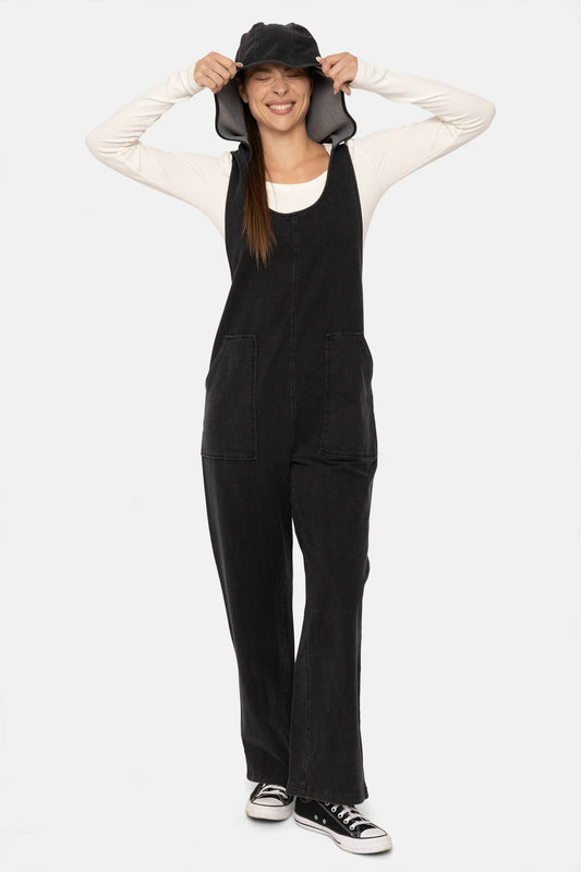 Cotton Blend Hooded Overalls: Black