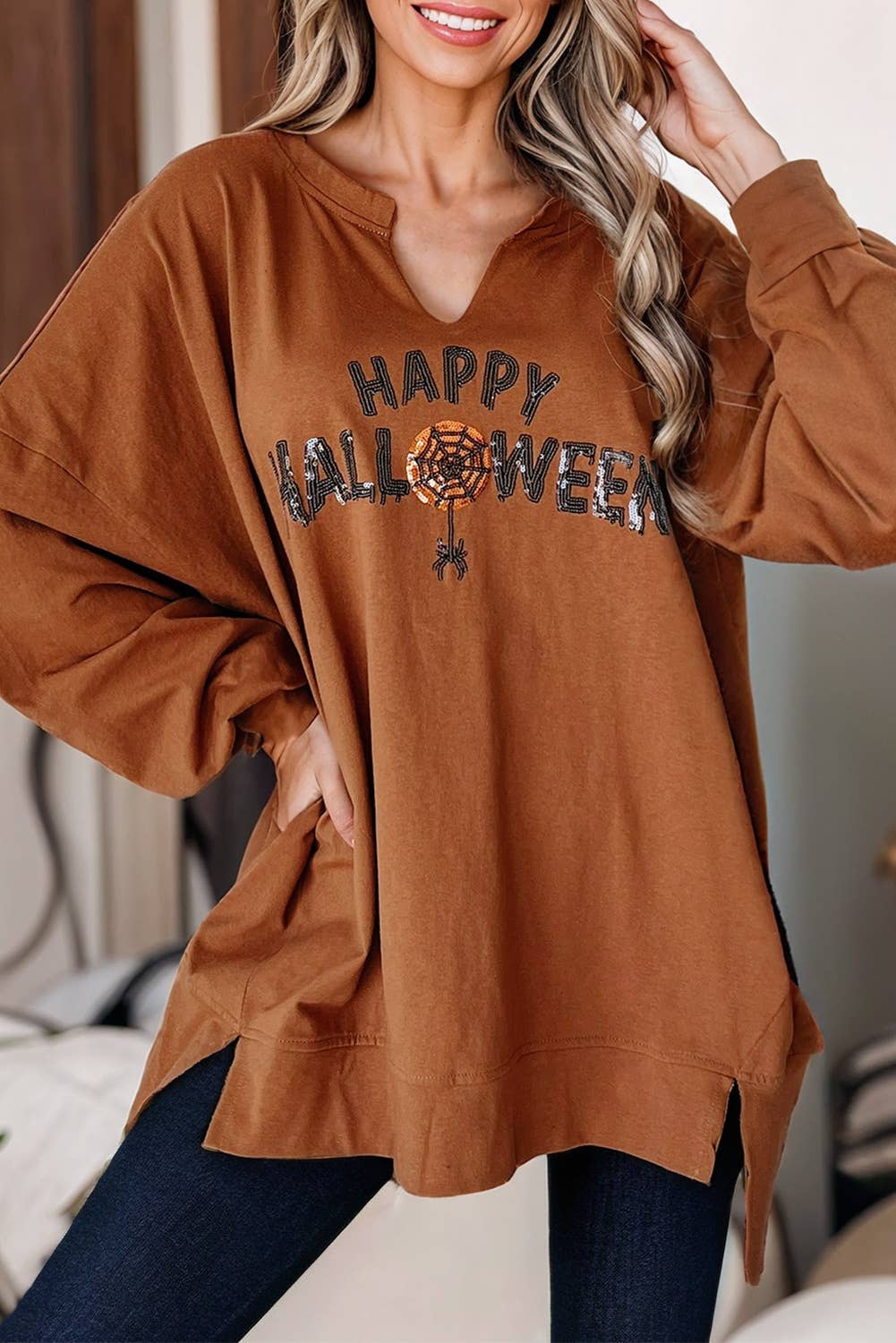 Oversized Sequin Happy Halloween Graphic Long Sleeve Top