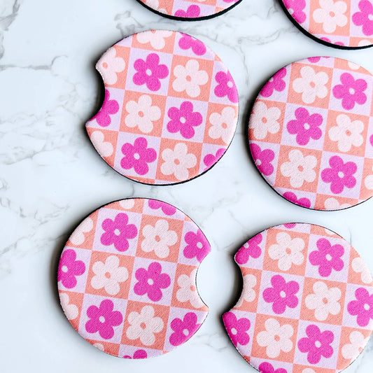 Car Coasters, Pink and Orange Checkered Daisy Design