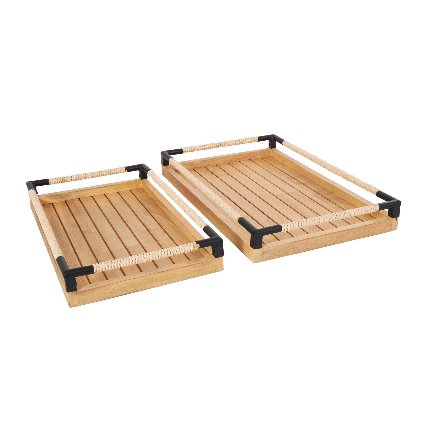 Wood Slatted Trays with Woven Sides & Metal Corners