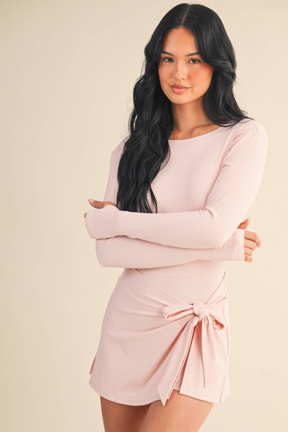 Long Sleeve Wrap Tie Front Dress: Pink / M