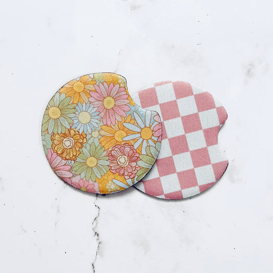 Car Coasters, Retro Floral and Pink Check