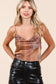 PAISLEY PATCHWORK PRINT SATIN COWL NECK CROP TOP: TEAL GREEN / S-M-L(2-2-2)