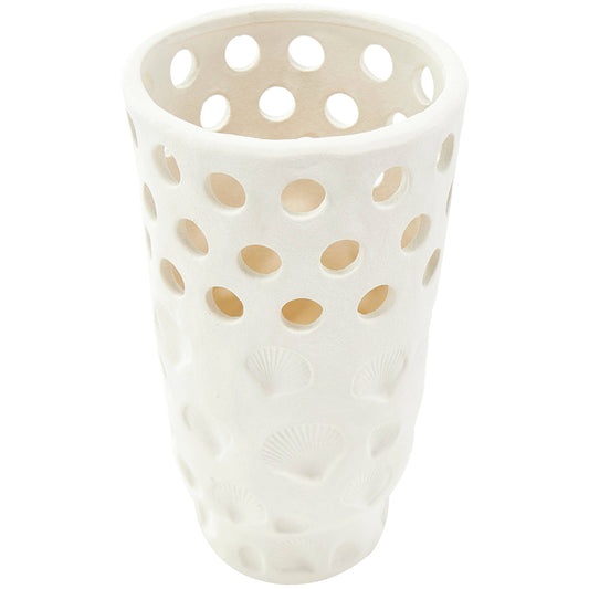 White Ceramic Shell Vase with Circular Cutouts