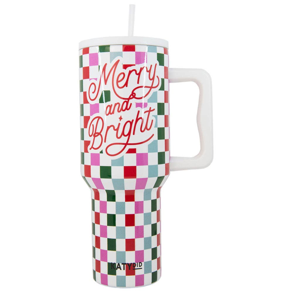 Merry & Bright Checkered Tumbler Cup w/ Handle