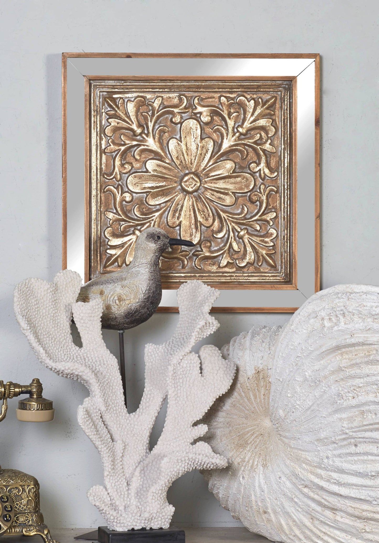 Gold Metal Embossed Floral Mirror Wall Decor