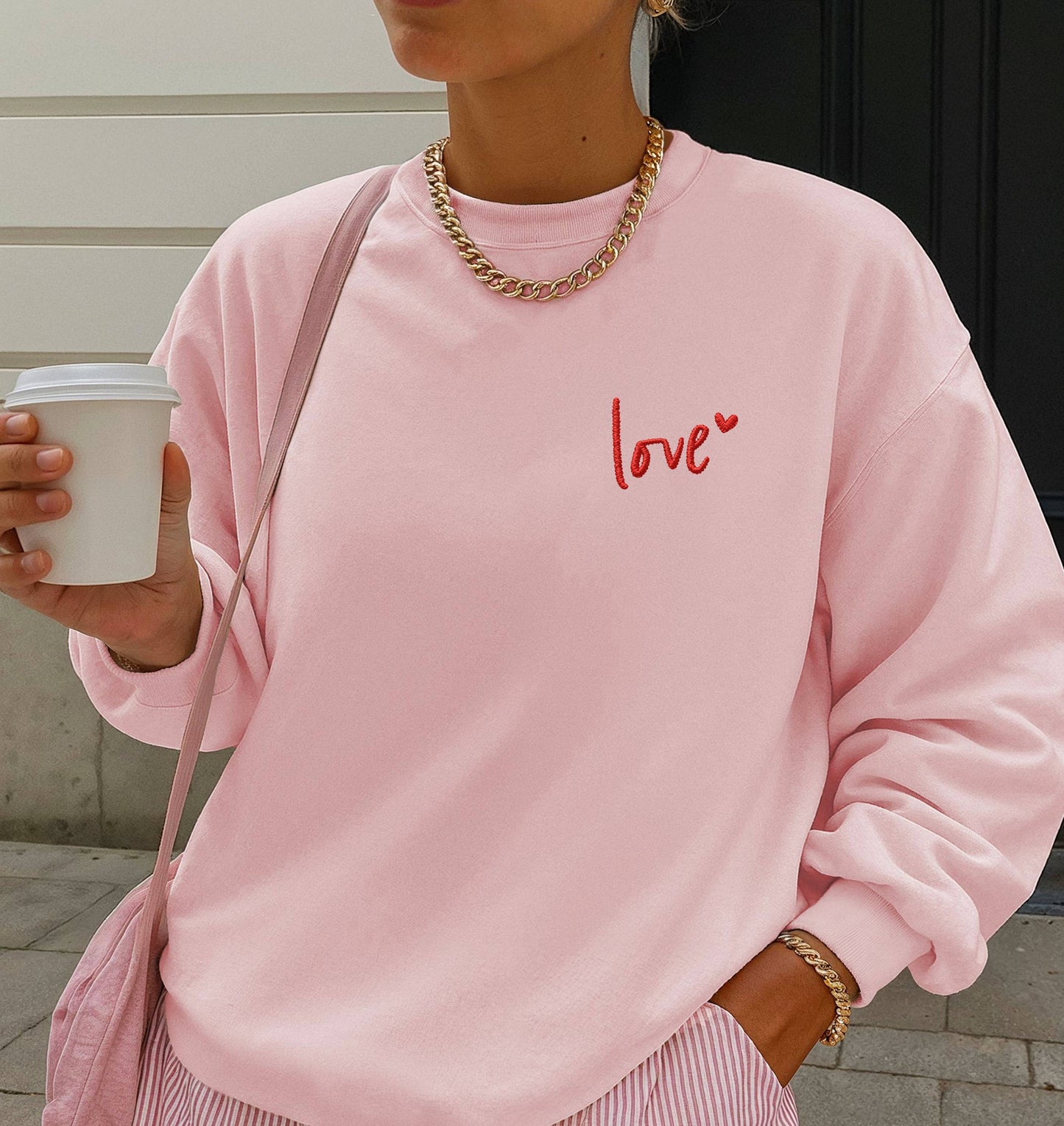 EMBROIDERED Love Sweatshirt Valentine's Day Crewneck Sweater: Ash Grey / Large