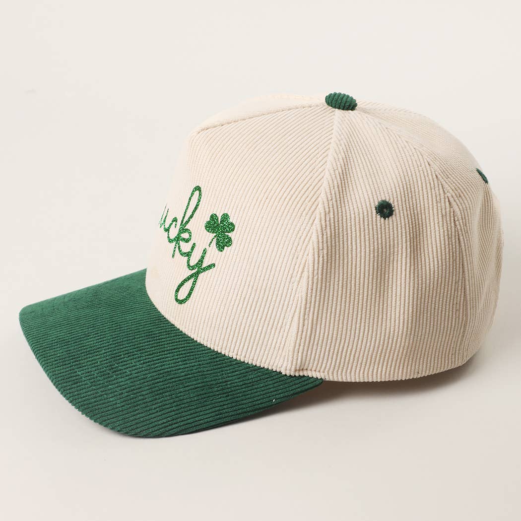 Lucky Script Glitter Heat Press Corduroy Trucker Hat
