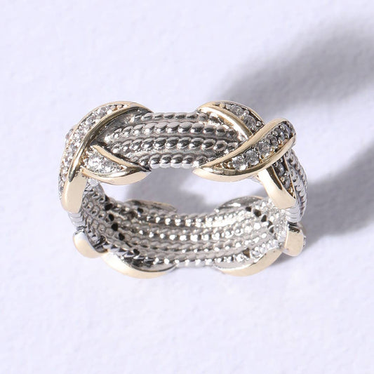 Cable Silver Gold CZ Stones Ring