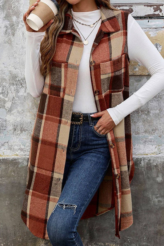 SLEEVELESS LAPEL MID-LENGTH PLAID VEST