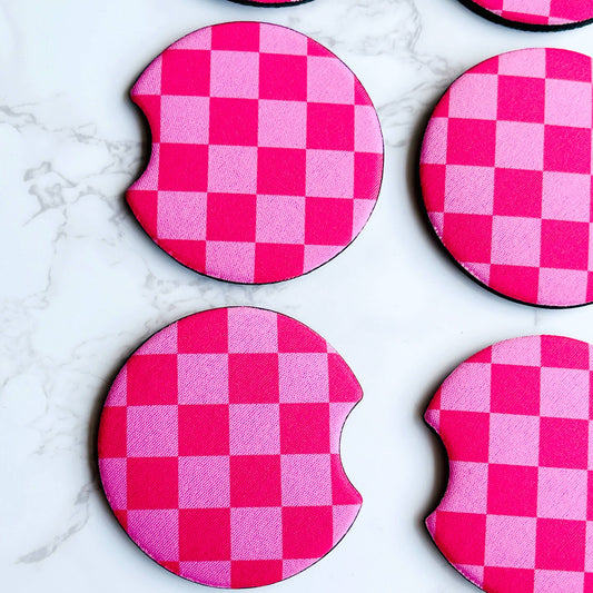 Car Coasters, Pink Checkerboard Design