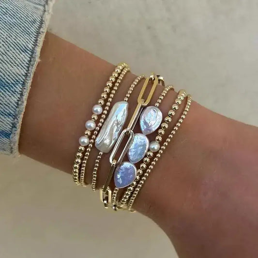 18K Gold Plated Copper Pearl and Gold Beaded Ball Bracelet: