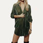 Velvet Collared Neck Long Sleeve Mini Dress: Dark Olive