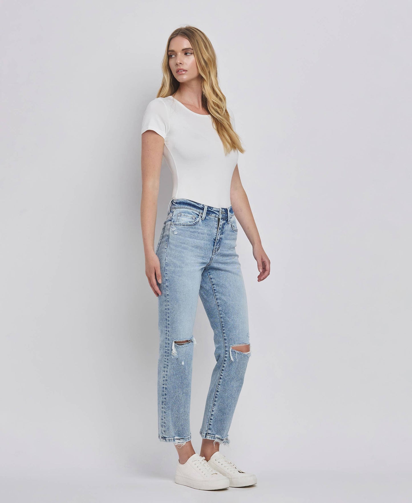 High Rise Distressed Straight Jeans