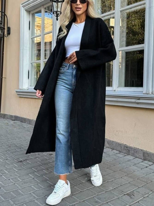 Elegant Collarless Open Front Long Cardigan