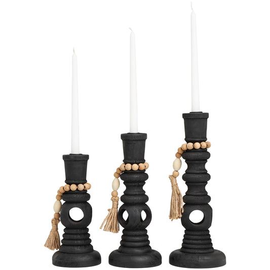 Black Wood Textured Candle Holders with Beads