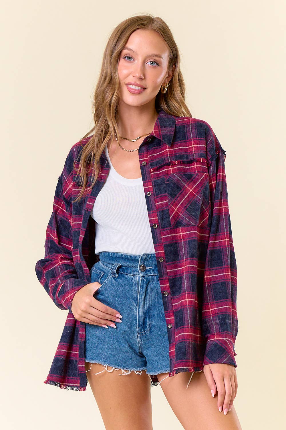 Plaid Flannel Shirt W/ Frayed Detail