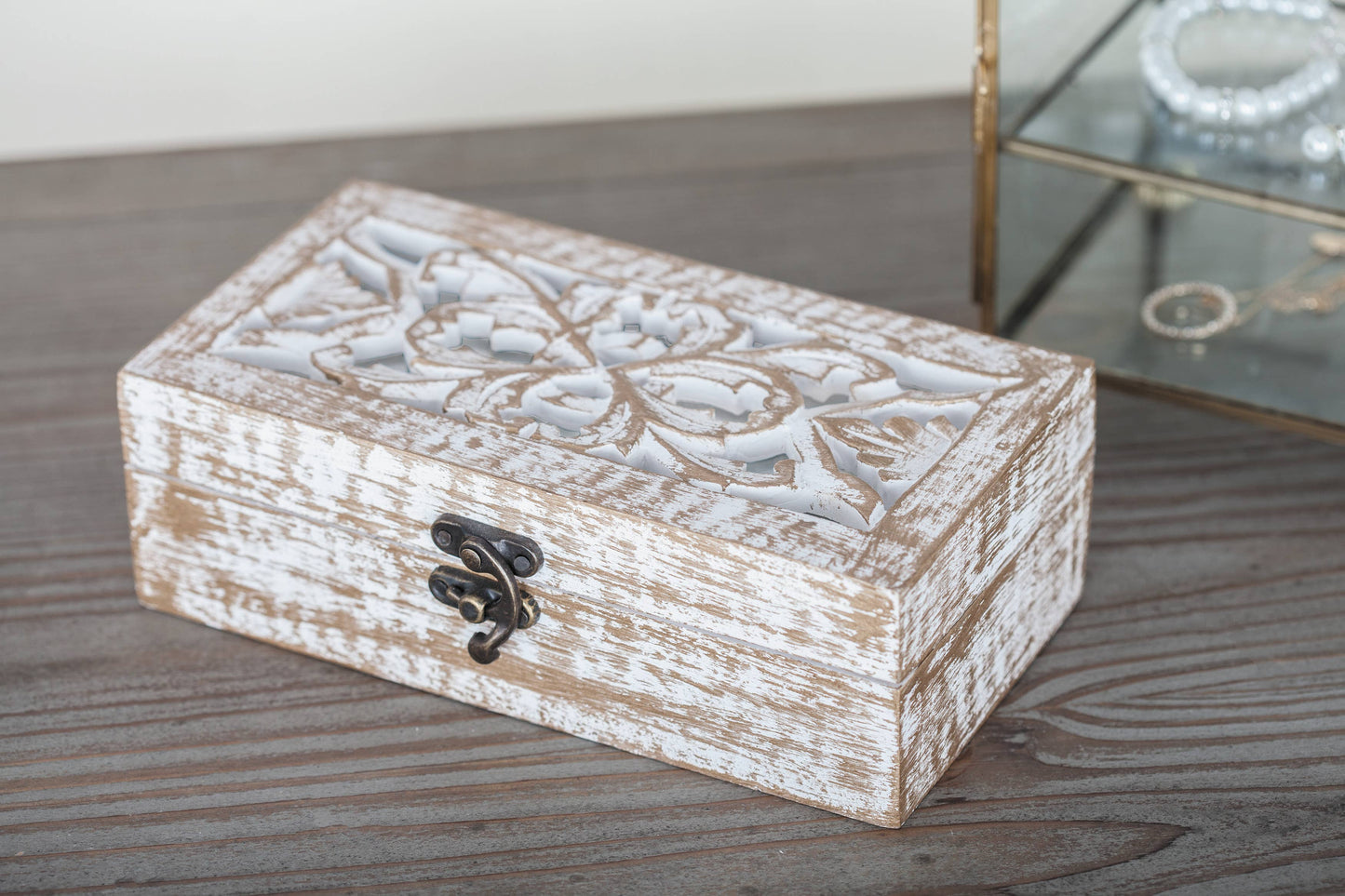 Mango Wood Floral Handmade Hinged Lid Boxes