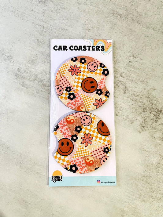 Car Coasters, Neutral Y2K Happy Collage design