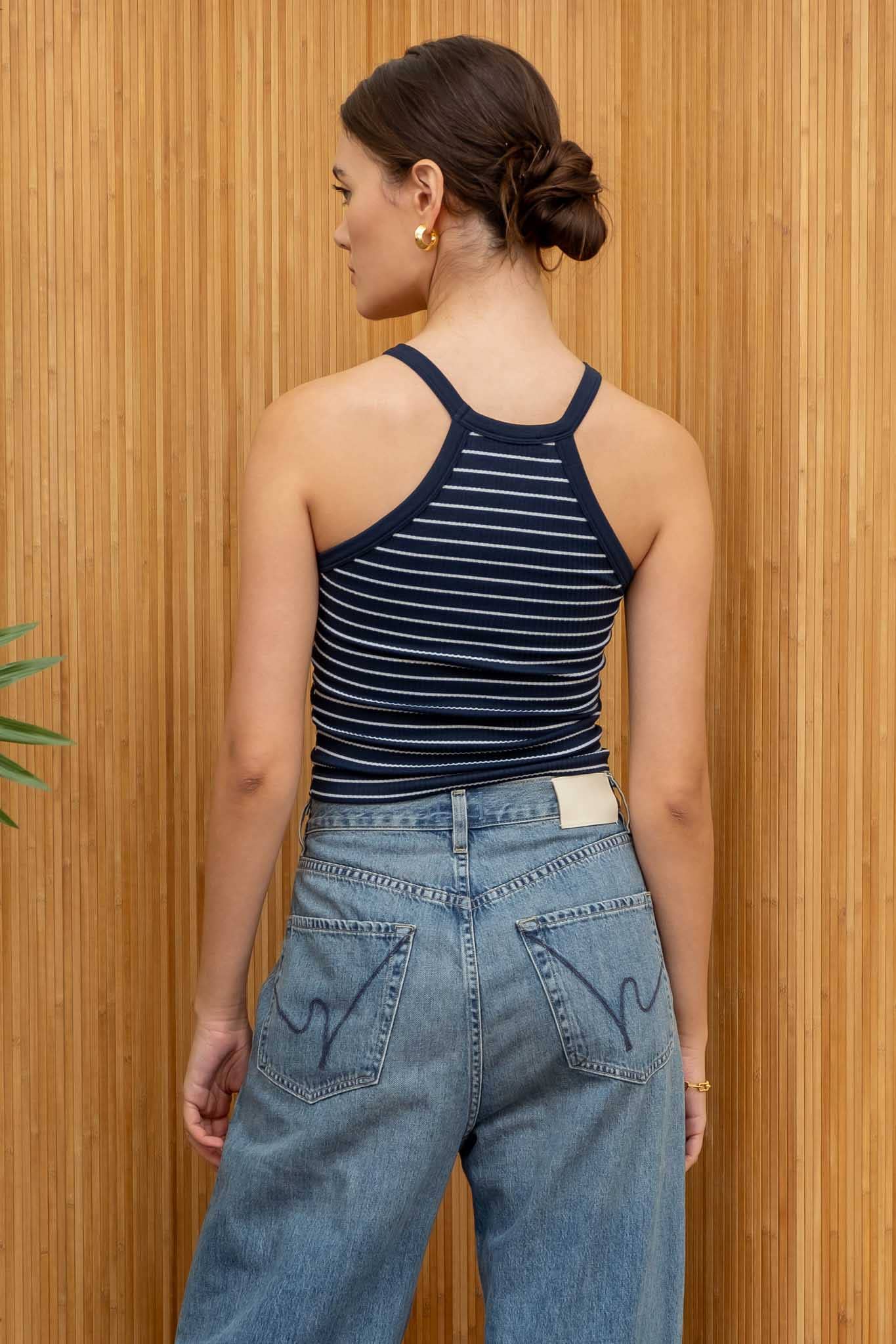 STRIPED ROUND NECK KNIT TANK: BLUE