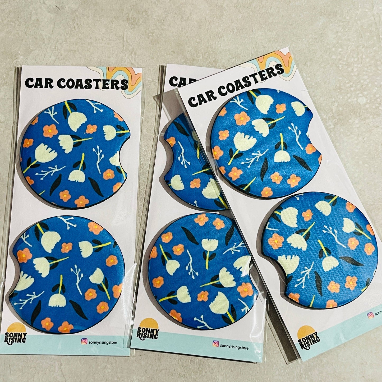 Car Coasters - Blue Scandinavian Floral Pattern