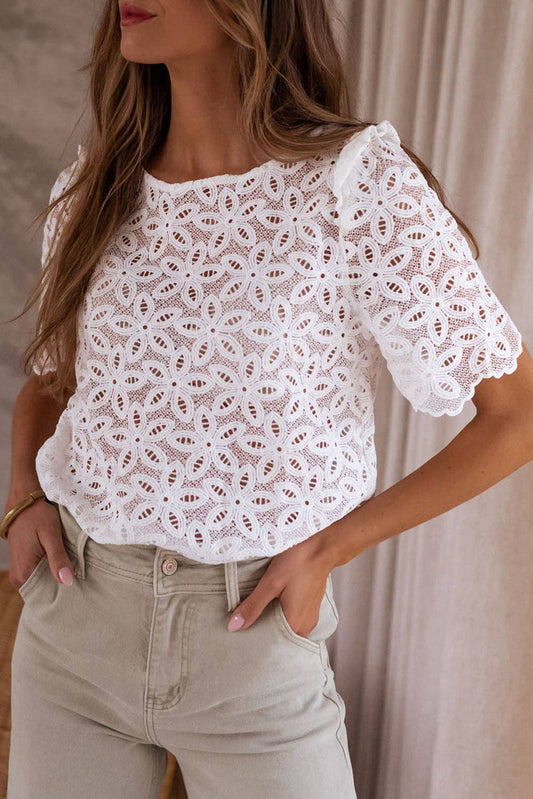 Flower Embroidery Hollowed Blouse