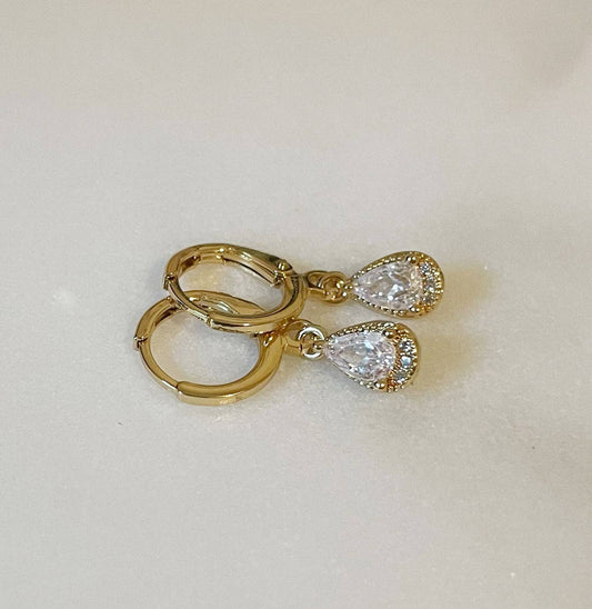 Save Your Tears Huggies. Gold Filled Drop CZ Earrings